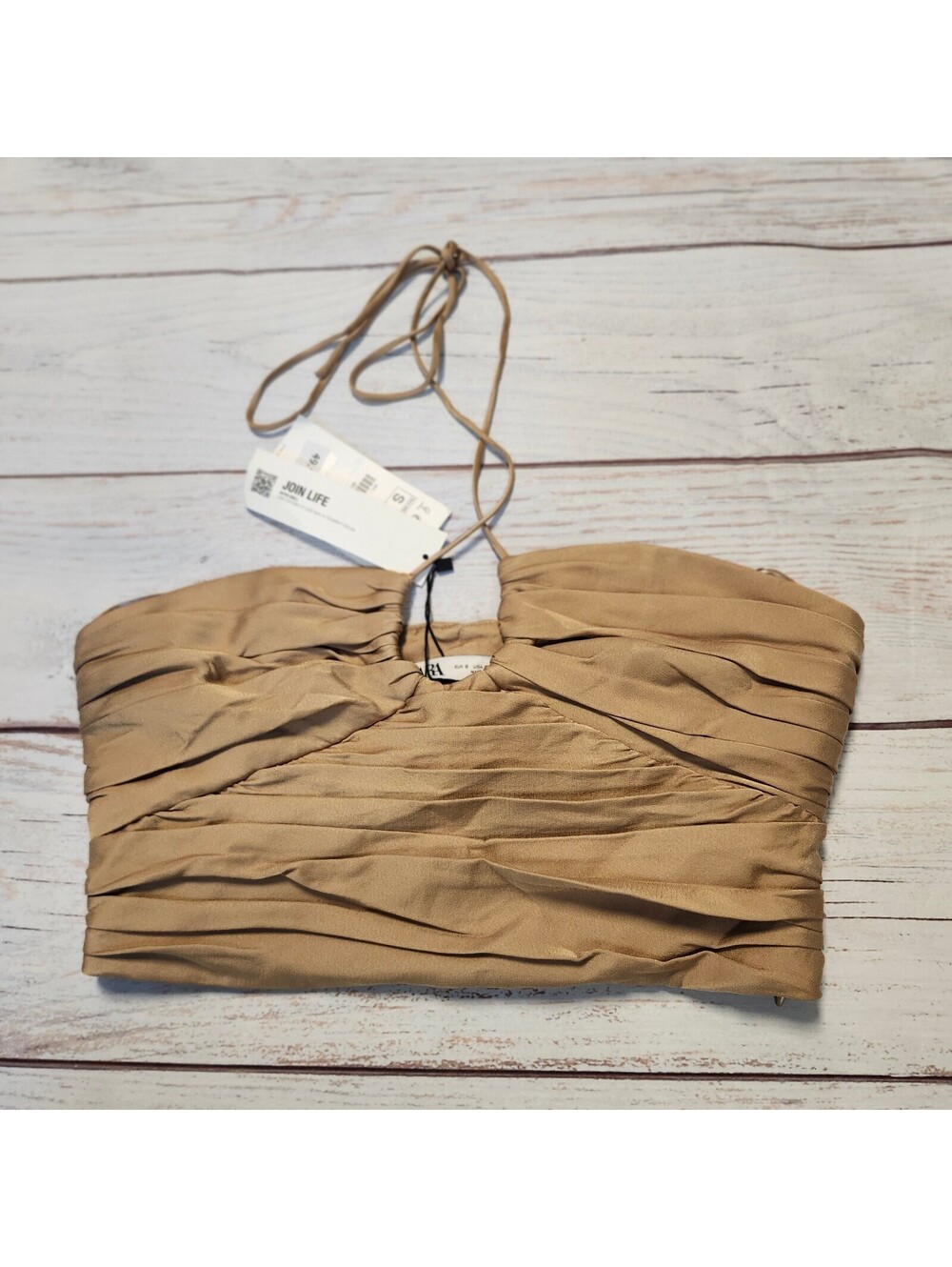 Zara Join Life Beige Ruched Halter Crop Top Size S NWT